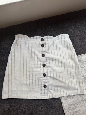 Striped Button-Front White Mini Skirt